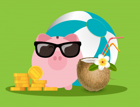 Piggy bank wearing sunglasses with coins and a coconut in the front with a blue and white beach ball in the back against a bright green background