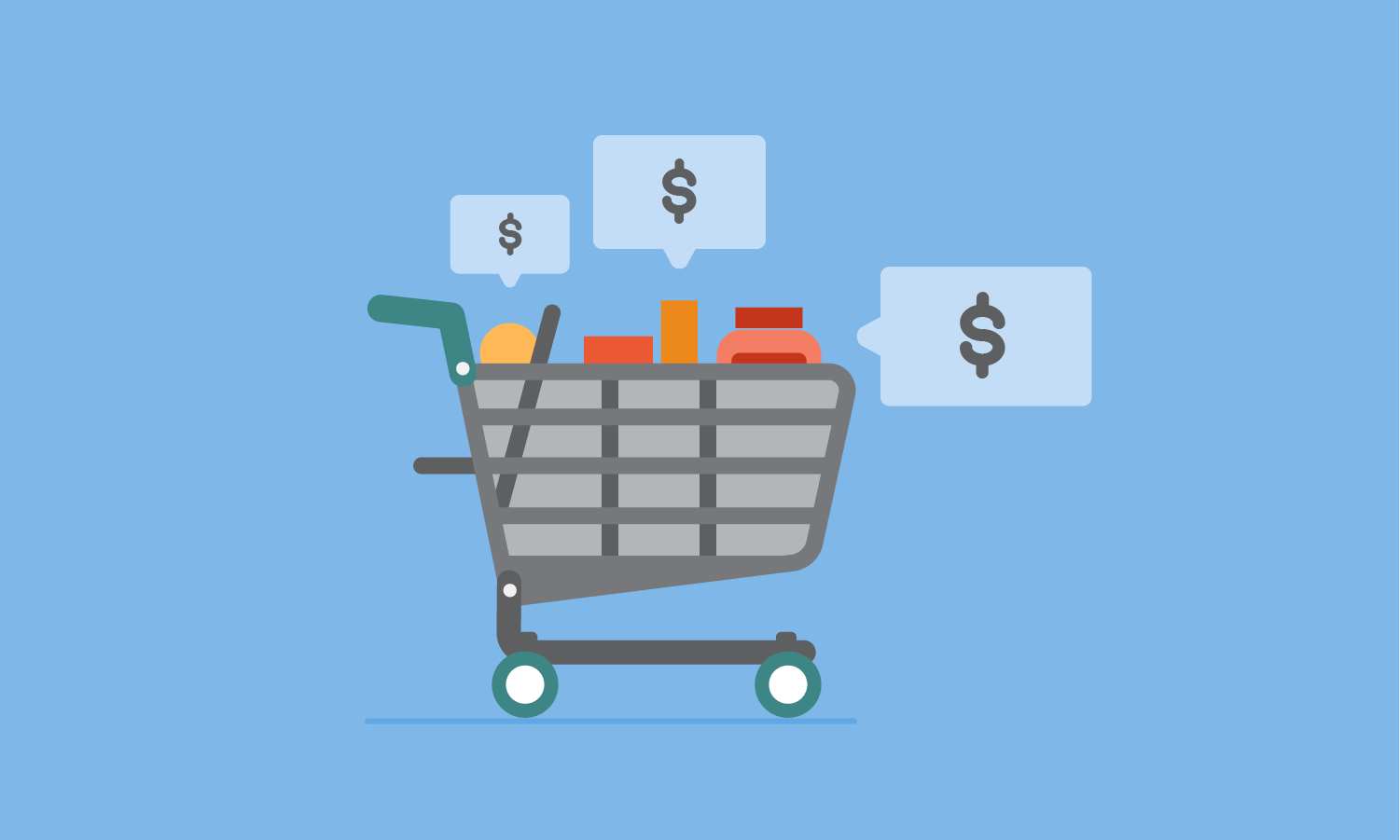 Shopping cart with groceries and dollar signs 